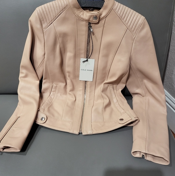 Cole Haan Moto Jacket in Blush Pink - snap neck button - Picture 10 of 10